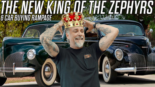 Richard Rawlings poses between vintage Lincoln Zephyrs under The New King of the Zephyrs and 6 Car Buying Rampage