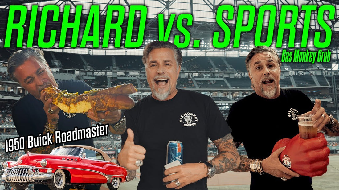 Richard and two men eat and drink beside a 1950 Buick Roadmaster in a stadium, promoting Gas Monkey Grub