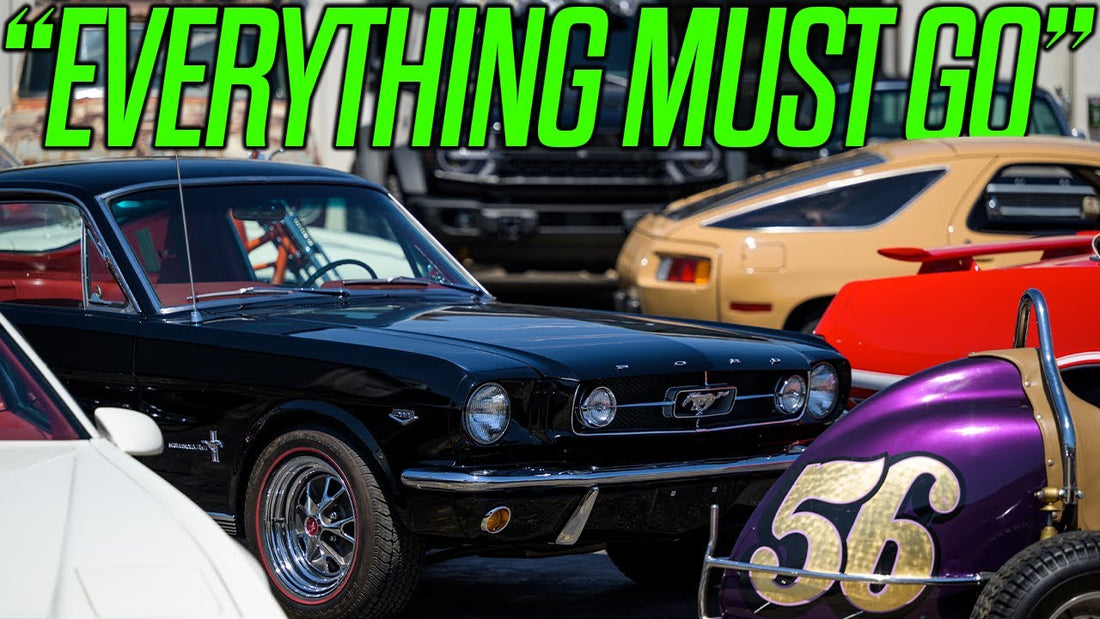 Vintage car collection featuring a black Ford Mustang and colorful race cars beneath Everything Must Go headline