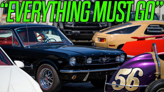 Vintage car collection featuring a black Ford Mustang and colorful race cars beneath Everything Must Go headline