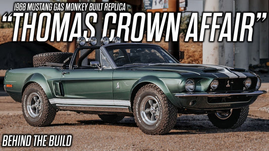 Front three-quarter view of a green 1968 Mustang Gas Monkey built replica with off-road tires and roll bar