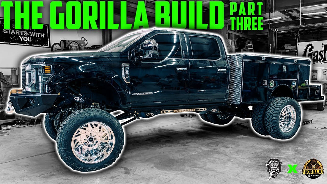 Three-quarter view of GorillaPro service truck with custom lighting and service bed, labeled The Gorilla Build Part Three