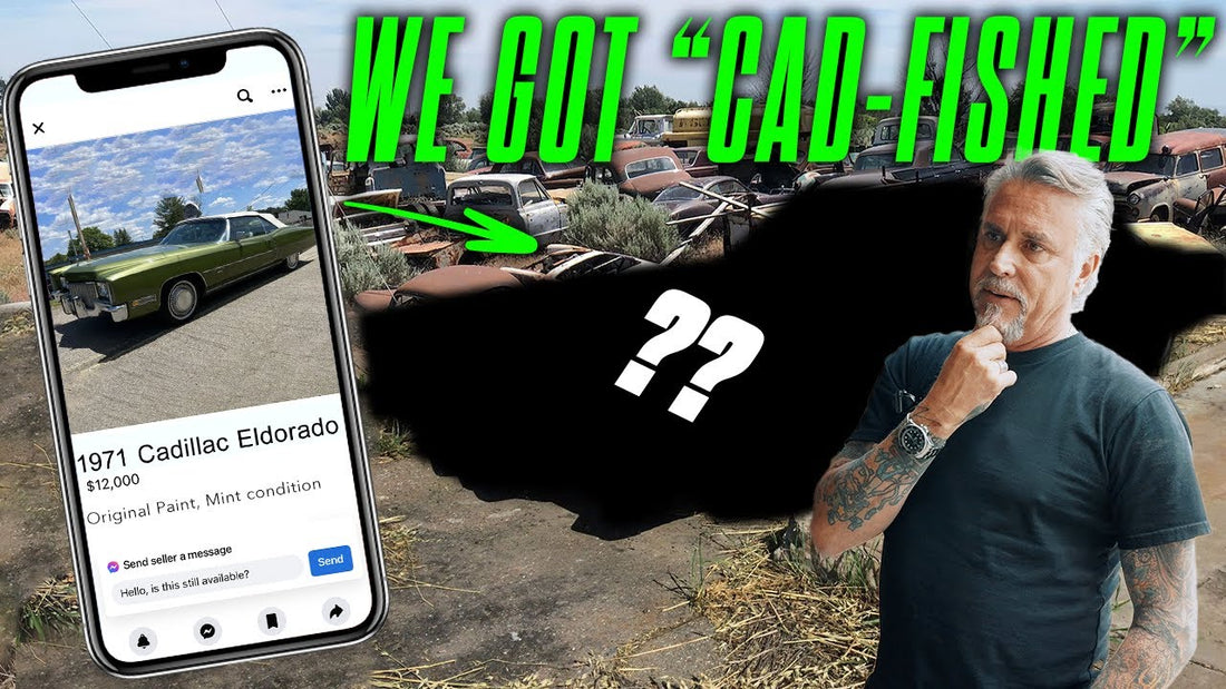Richard Rawlings poses beside junked cars and a phone showing a 1971 Cadillac Eldorado, with “We got cad-fished” headline