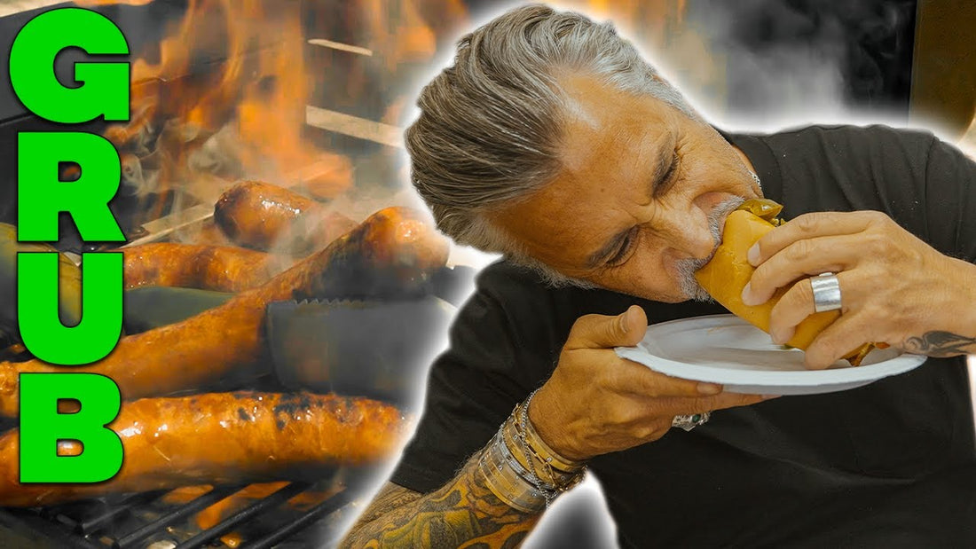 Man eats a hot dog beside grilled sausages with GRUB text overlay