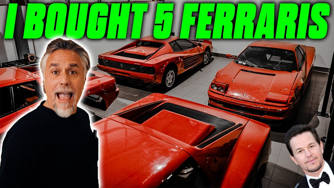 Two men pose with five red Ferrari Testarossas in a showroom beneath the headline I BOUGHT 5 FERRARIS