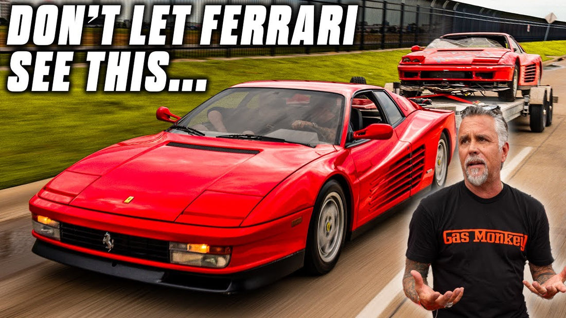 Red Ferrari towing a red Ferrari on a trailer beside a man in a Gas Monkey shirt; headline reads Don’t let Ferrari see this