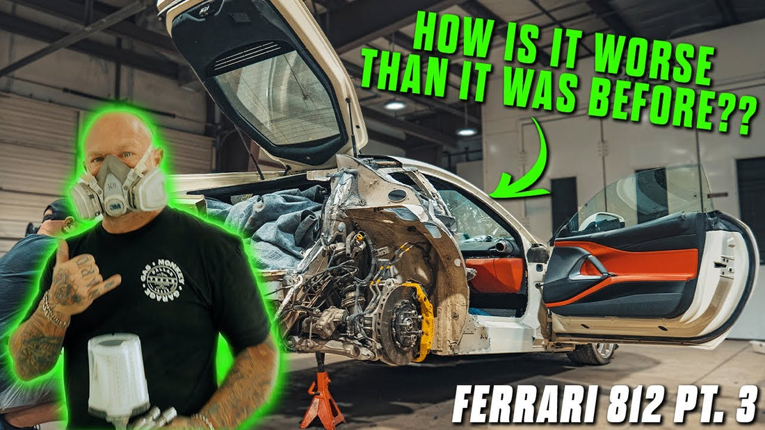 Person in a respirator beside a stripped Ferrari 812 in a workshop; text reads How is it worse than it was before