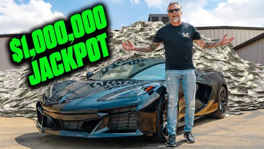 Man standing beside a Corvette C8 Z06 in front of a pile of cash with a million dollar jackpot headline