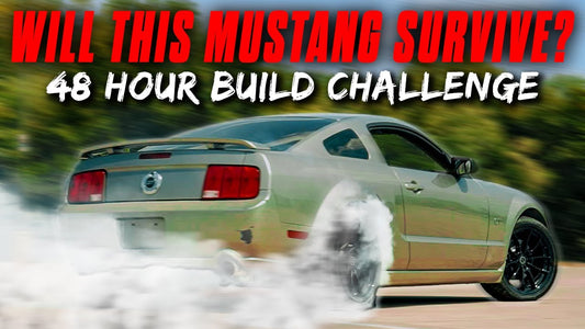 Mustang doing a burnout during a 48-hour build challenge, with “Will This Mustang Survive?” headline