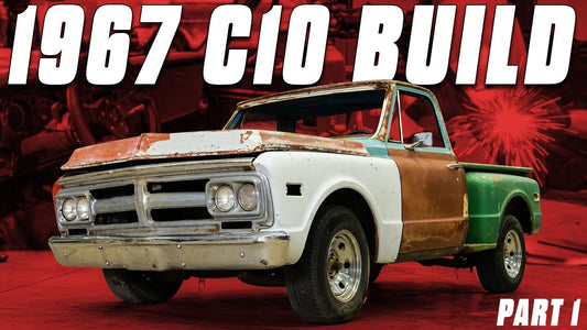 Front three quarter view of a 1967 C10 pickup truck with weathered panels and 1967 C10 Build Part 1 text