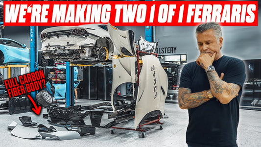 Ferrari body panels and disassembled cars in a workshop as a man stands beside the builds