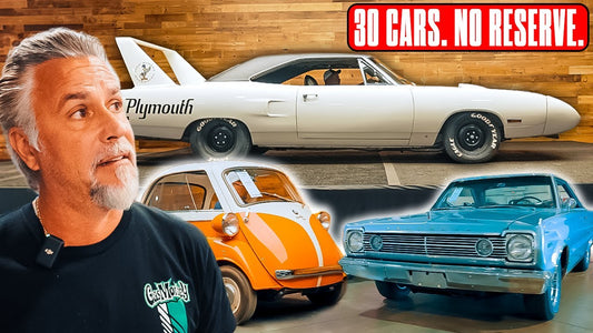Richard Rawlings beside classic cars at a no reserve auction, with text 30 cars no reserve