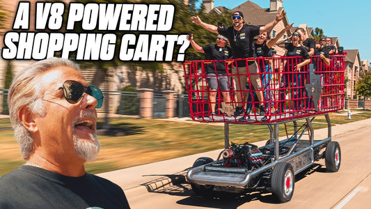 Man films a group riding a V8-powered shopping cart; headline reads A V8 POWERED SHOPPING CART?