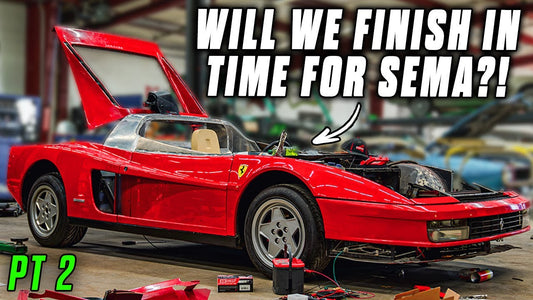Red Ferrari under construction in a garage with its hood open and tools nearby, with text Will We Finish in Time for SEMA? Part 2