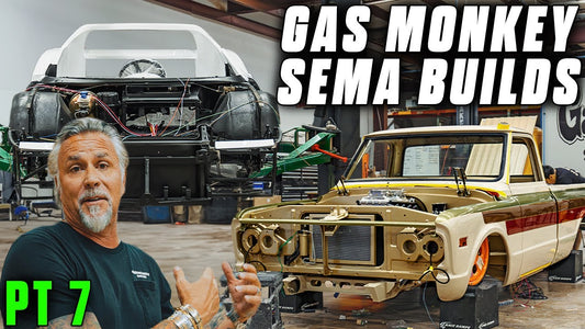 Man presents unfinished 1968 C10 and TESTA builds in a garage with Gas Monkey SEMA Builds PT 7 text
