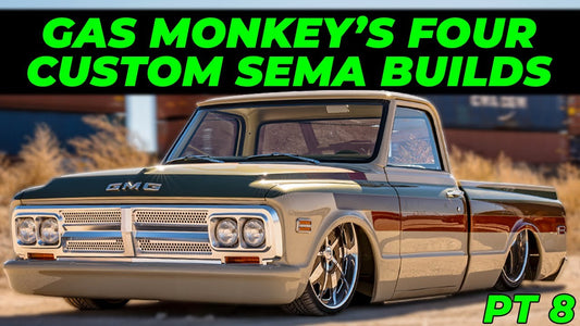 Side view of a customized 1968 GMC pickup truck showcasing large alloy wheels and Gas Monkey’s four custom SEMA builds, PT 8