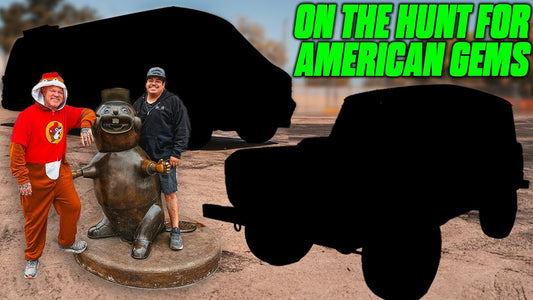 Two men pose beside a car-themed statue and vehicle silhouettes under the headline On the hunt for American gems