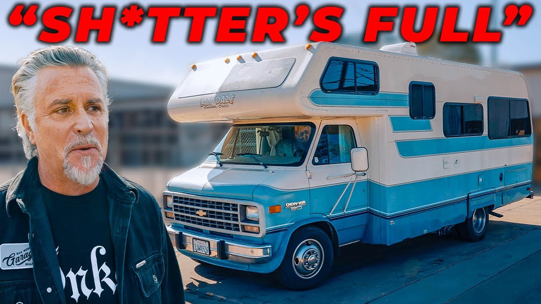 Man beside a blue-and-white retro RV with large SH*TTER’S FULL headline