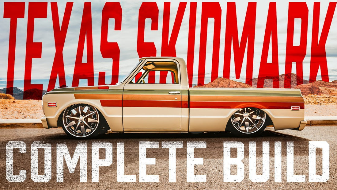 Side view of the Gas Monkey C10, aka Texas Skidmark, showcasing custom wheels and a lowered stance with desert mountains