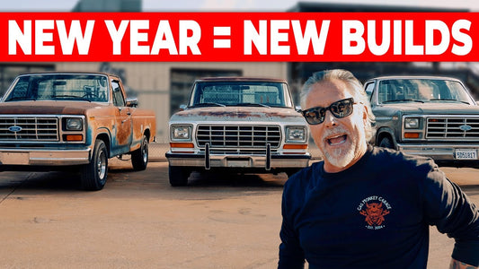 Man presenting three Ford trucks for a 2024 build vote beneath the New Year equals new builds headline