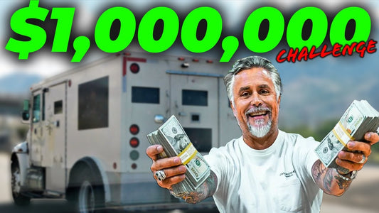 Richard Rawlings holding stacks of cash in front of a truck for the million dollar car buying challenge