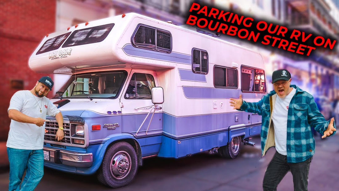 Two men gesture beside a purple and white RV on Bourbon Street with text, Parking our RV on Bourbon Street