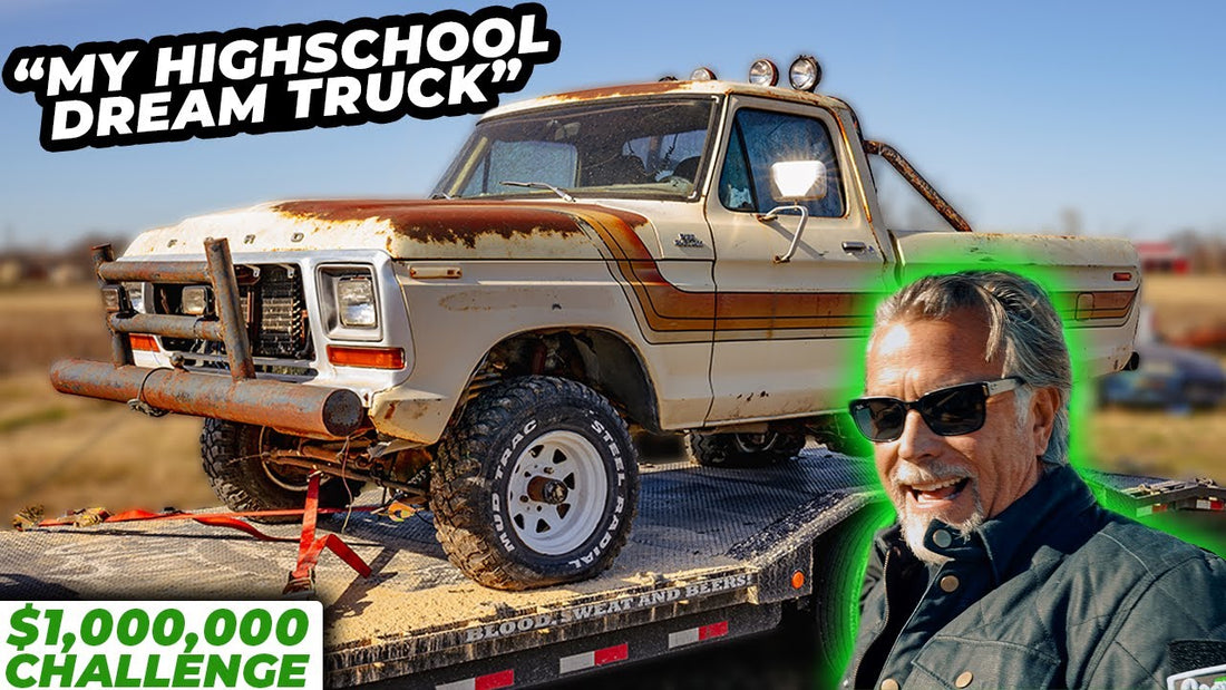 Classic 1979 Ford truck on a trailer beside a man, with text reading My high school dream truck and One million challenge