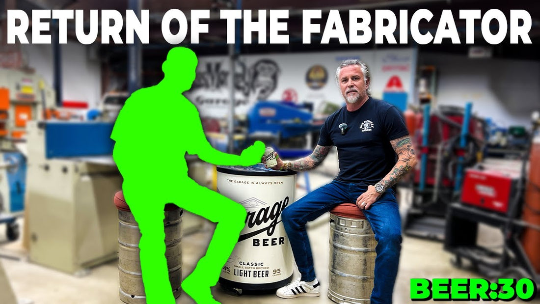 Josh Freeman sits beside a green silhouette in an automotive garage with a beer keg, under Return of the Fabricator and Beer 30 text