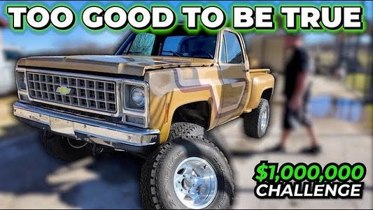 Front three quarter view of a gold Chevrolet pickup truck with oversized off road tires outdoors, with Too Good to Be True challenge text