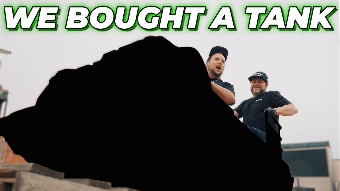 Two men stand behind a tank outdoors under the headline WE BOUGHT A TANK
