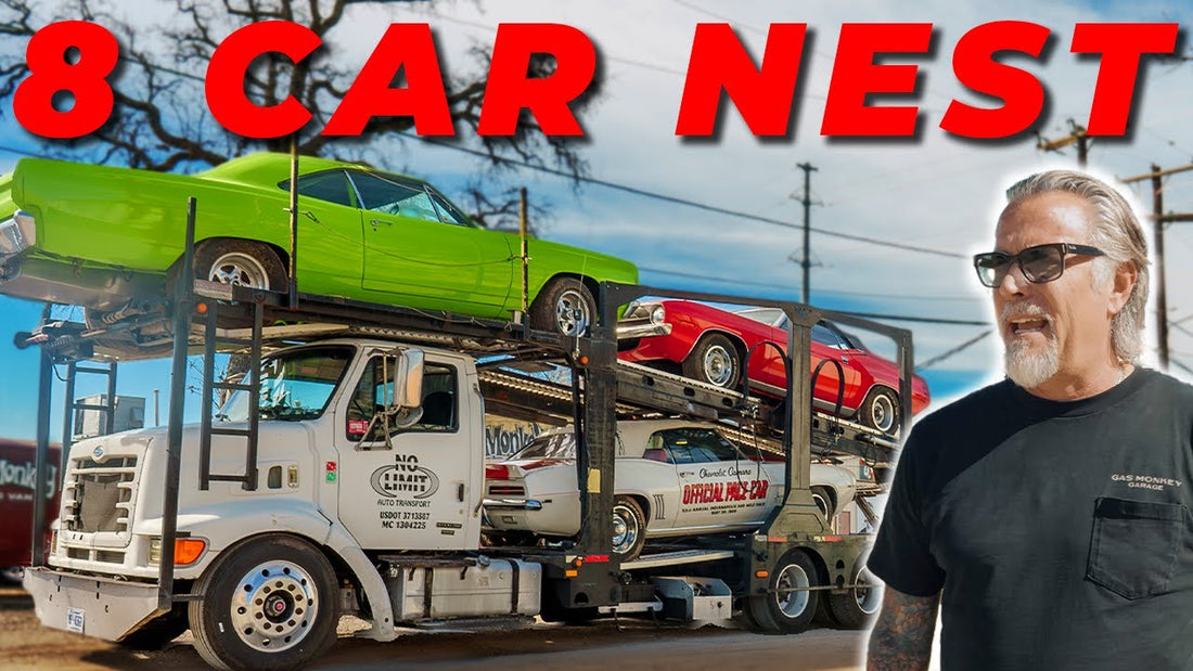 Classic cars loaded on a transporter with a Gas Monkey Garage crew member and 8 Car Nest headline