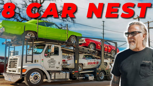 Classic cars loaded on a transporter with a Gas Monkey Garage crew member and 8 Car Nest headline