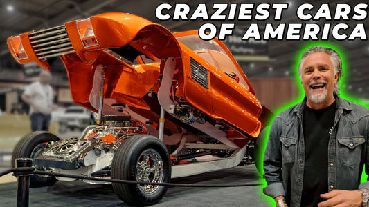 Orange custom car displayed at an automotive show beside a smiling man, with headline Crazy Cars of America