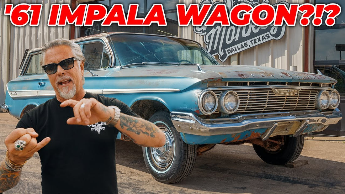 Man standing beside a weathered blue 1961 Impala wagon outside Gas Monkey Garage with 61 Impala Wagon headline