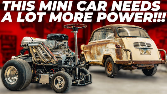 BMW Isetta beside an exposed V8-powered hot rod with headline, This mini car needs a lot more power