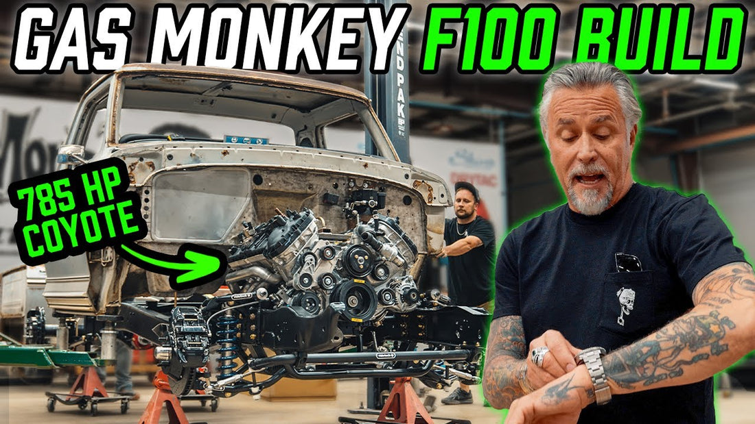 A 1978 Ford F100 being rebuilt with a 785 HP Coyote engine in a garage, alongside a mechanic and F100 Build text