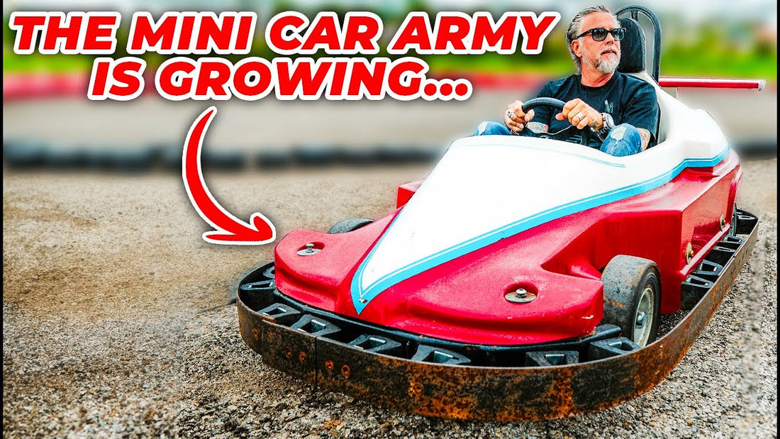 Man driving a red and white mini car at the 2024 Pates Swap Meet