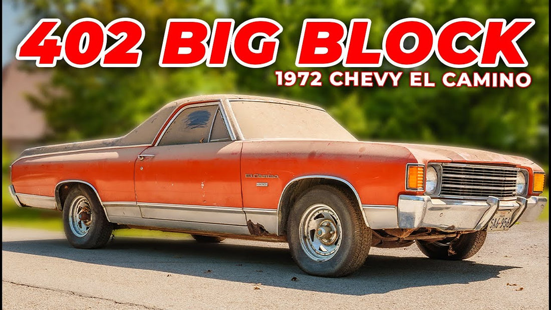 Side view of a 1972 Chevy El Camino showcasing its red and silver exterior, with 402 Big Block text and trees behind