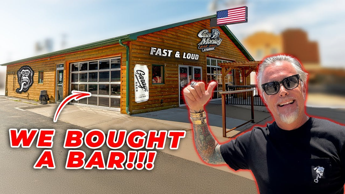 A man stands outside a Gas Monkey Bar and Grill building beside WE BOUGHT A BAR headline