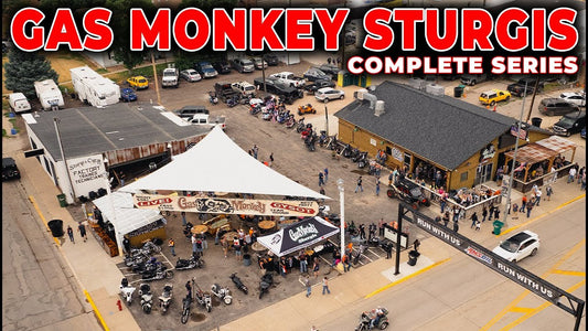 Aerial view of Gas Monkey Sturgis with motorcycles, visitors, buildings, and outdoor event tents