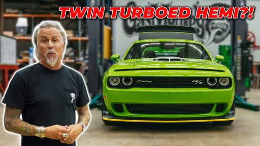 Man stands beside a lime green Challenger in a garage with the headline Twin Turboed Hemi