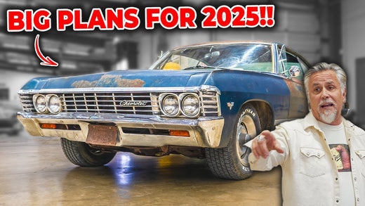 Man gesturing beside a blue classic Chevrolet Impala with headline text Big Plans for 2025