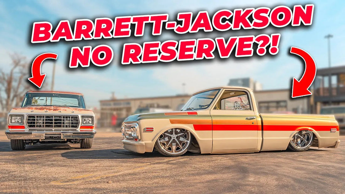 Front and side view of Texas Skidmark and MF79 custom trucks parked outdoors beneath a Barrett-Jackson no reserve headline