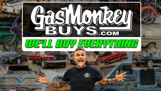 Richard Rawlings stands with arms out before vehicles beneath a Gas Monkey Buys.com banner reading We’ll Buy Everything