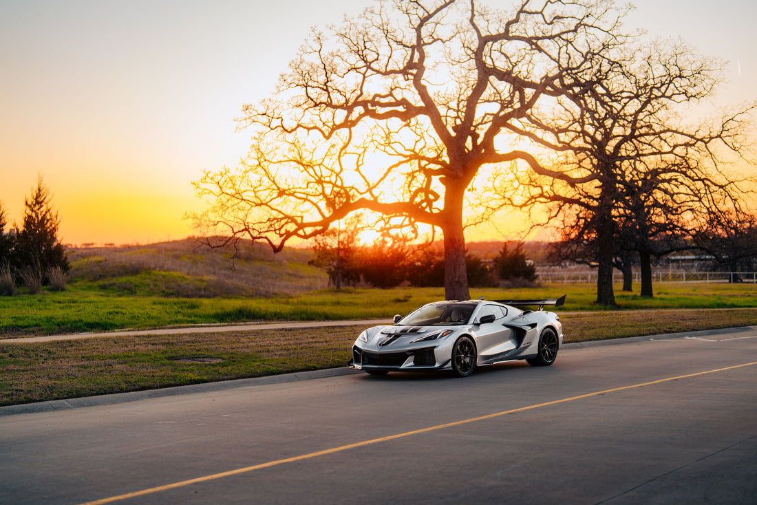 silver corvette zr1x at sunset