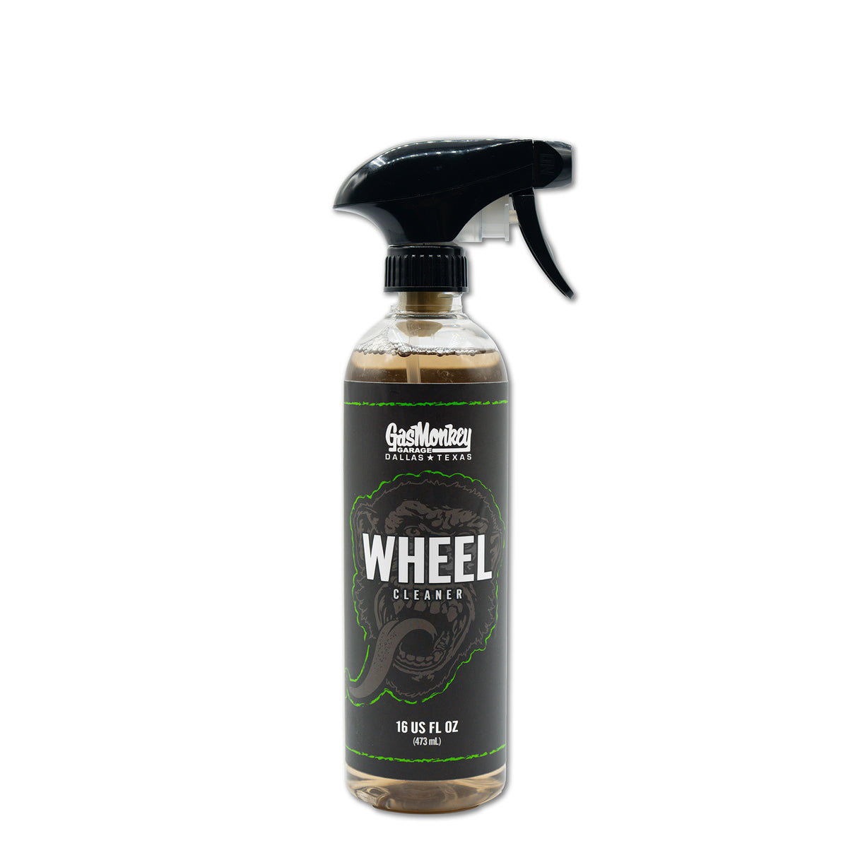 Front view of Gas Monkey Garage Wheel Cleaner showcasing its trigger spray bottle and 16 fl oz label against a white background