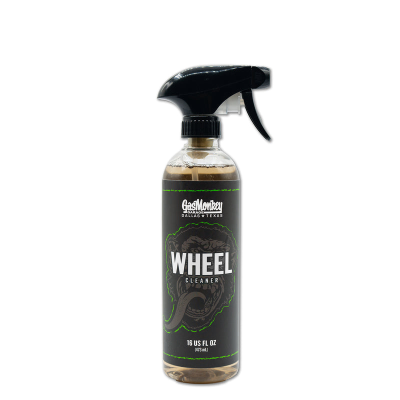 Front view of Gas Monkey Garage Wheel Cleaner showcasing its trigger spray bottle and 16 fl oz label against a white background
