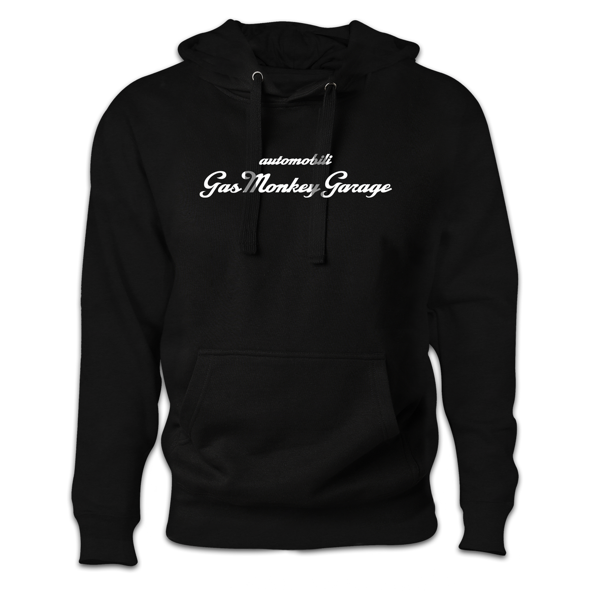 Front view of the black GMG La Macchina Hoodie showcasing a white script graphic and kangaroo pocket on a transparent background
