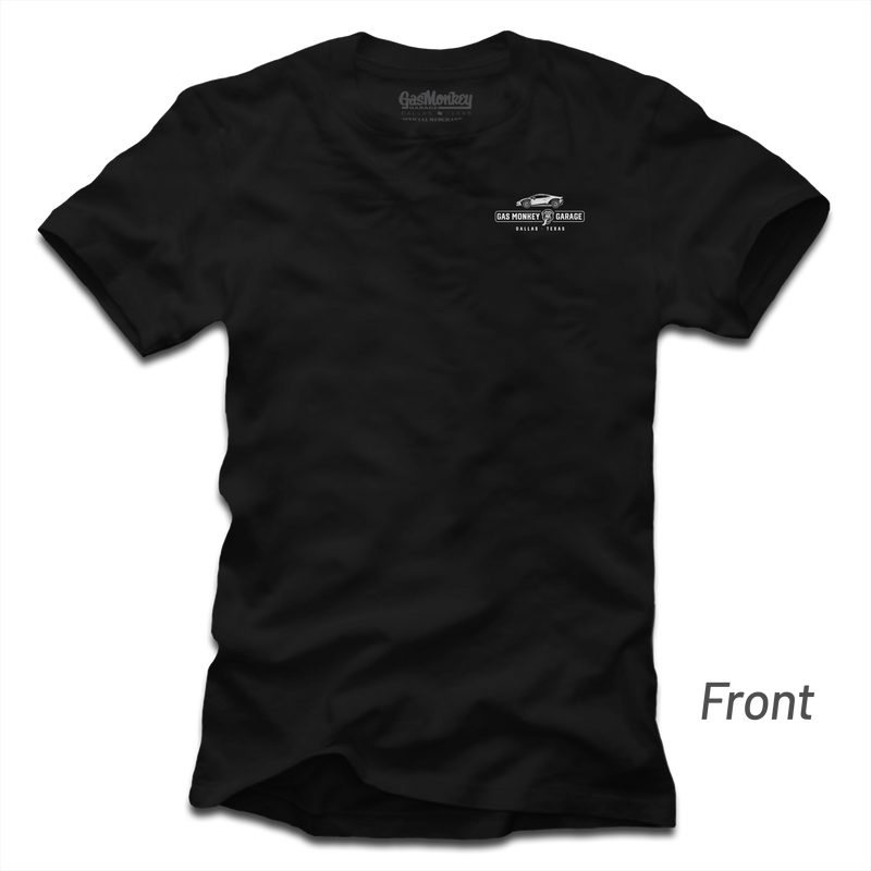 Front view of black GMG Top Down Tee showcasing the Gas Monkey Garage chest logo with a plain background