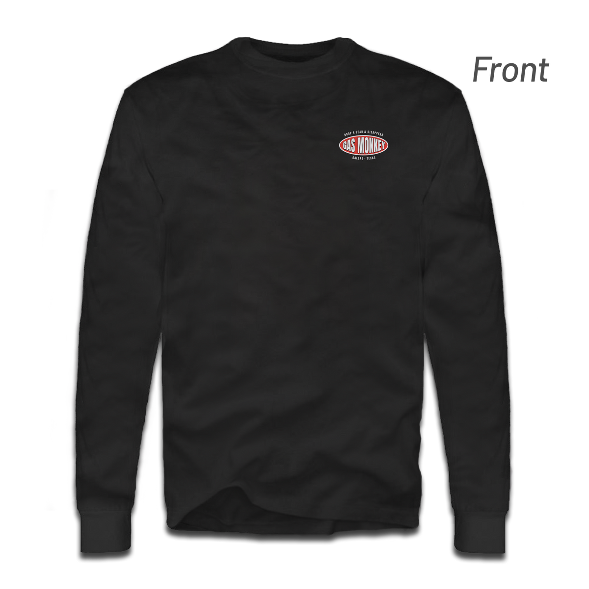 Front view of GMG Drop a Gear Long Sleeve Tee showcasing black long sleeves and a small Gas Monkey Garage chest logo